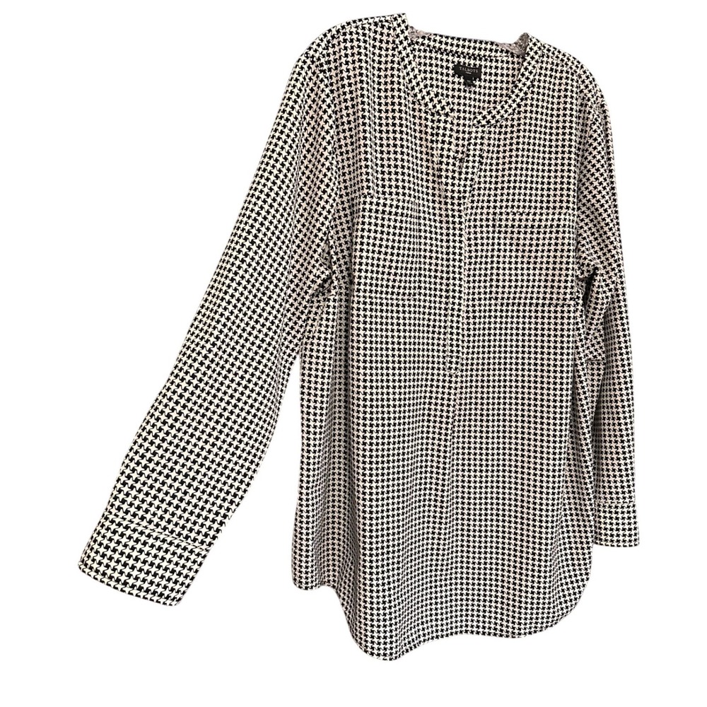 Talbots 2X Black Ivory Houndstooth Print Tunic Blouse Hidden Button Classic Prep